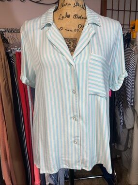 Copper Key Aqua & White Striped Boxy Button Up